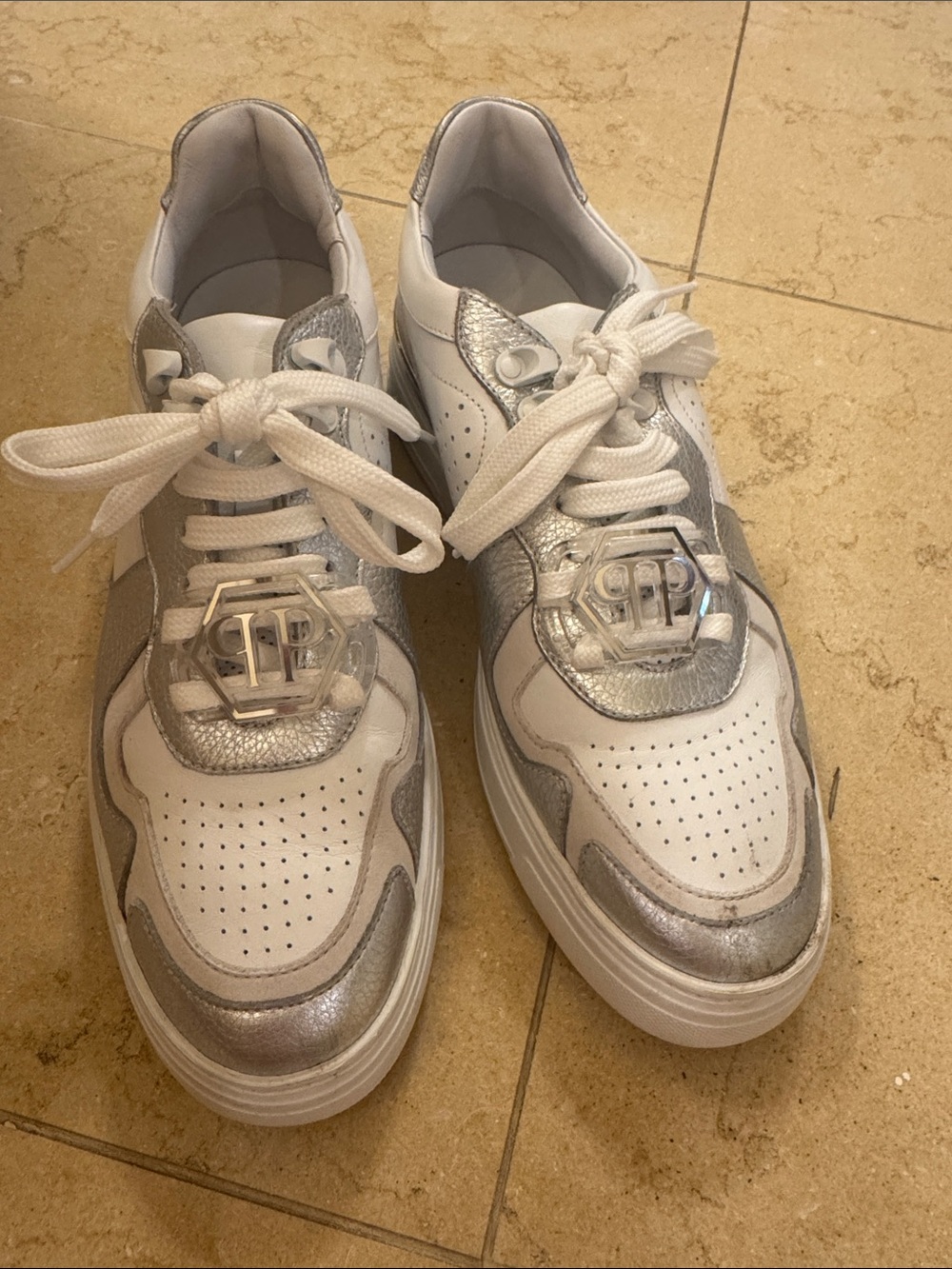 Philipp Plein White and Silver Women's Low-Top Sneakers- sz 42